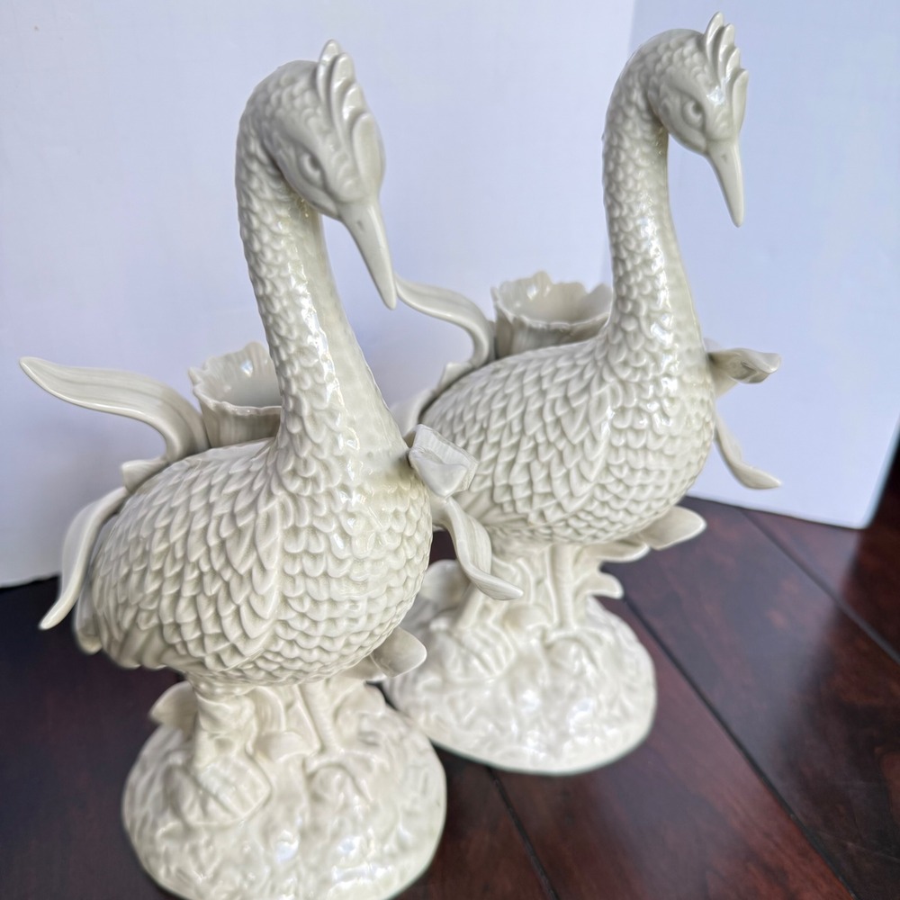 Vintage 1977 Fitz and Floyd Heron Lotus Candlestick Holders Pair Cream Ceramic - Picture 4 of 9
